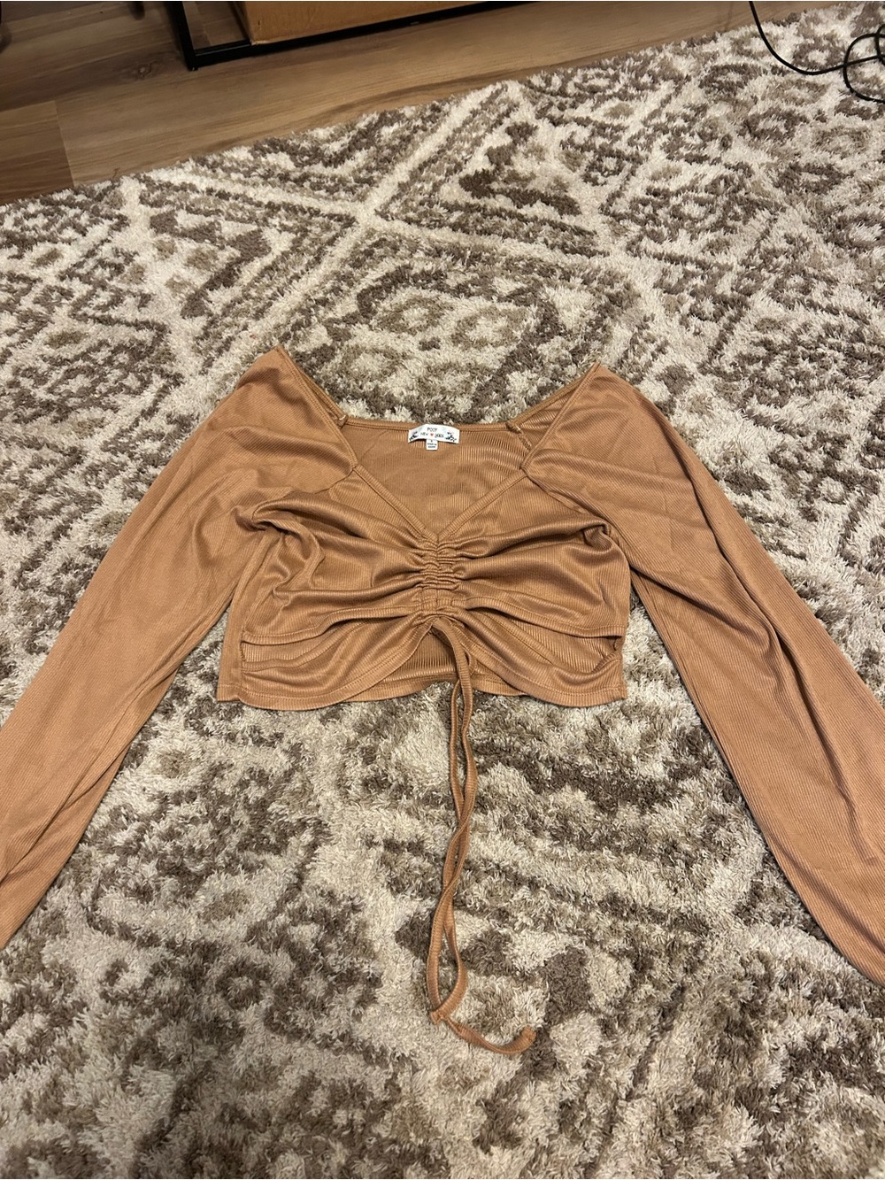 Ruched Tie-Front Crop Top in Camel Brown